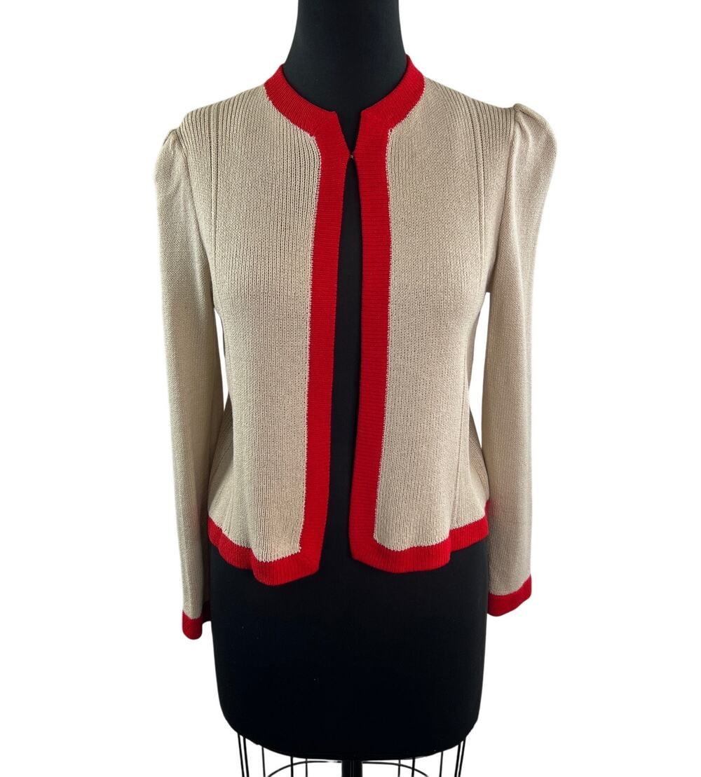 VTG St. John Marie Gray Beige Red Cardigan Knitted Open Front Gathered Shoulder